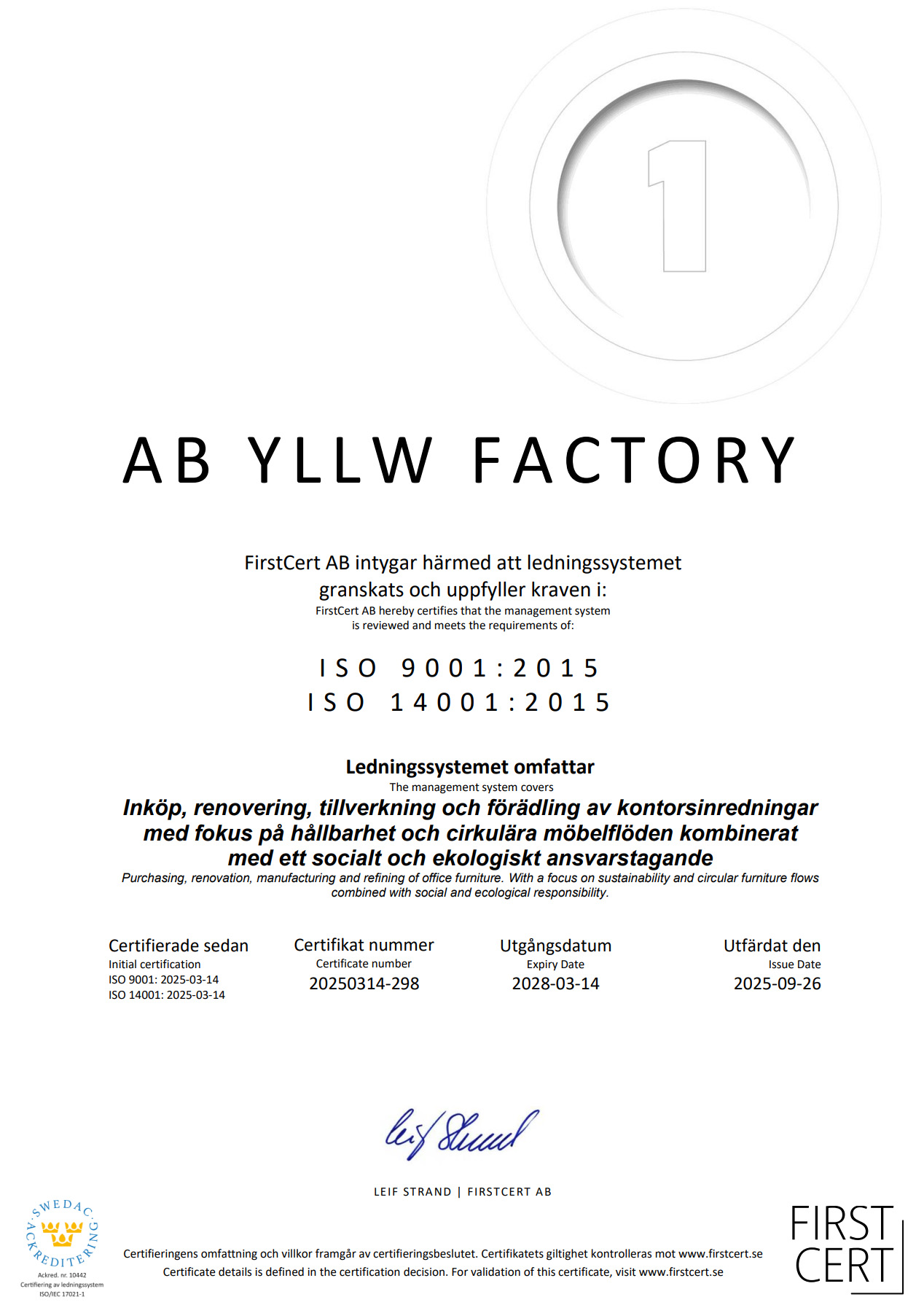 AB Yllw Factory ISO-certifiering